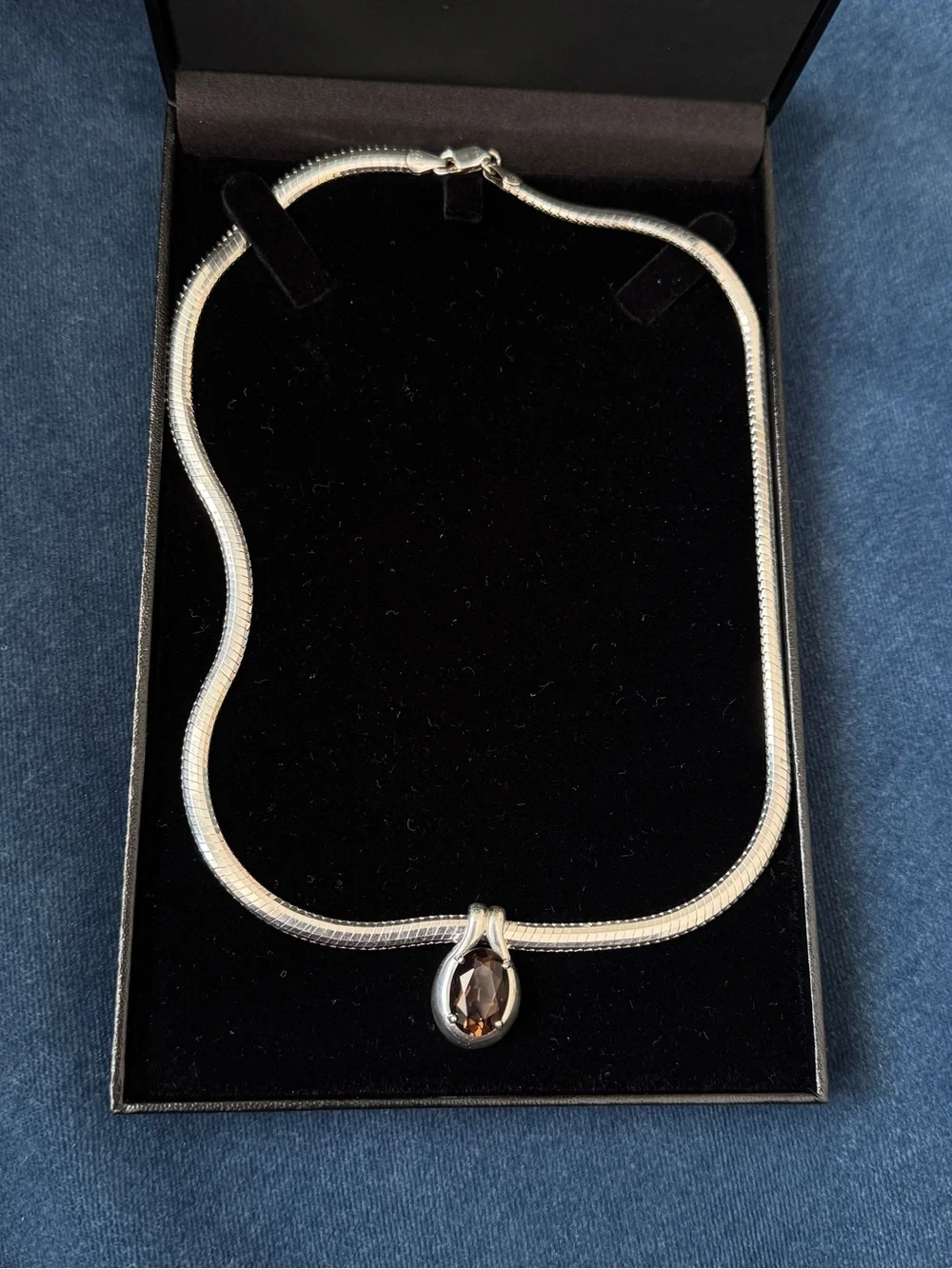 Milor Herringbone Sterling Silver .925 Smoky Topaz oval stone Necklace.